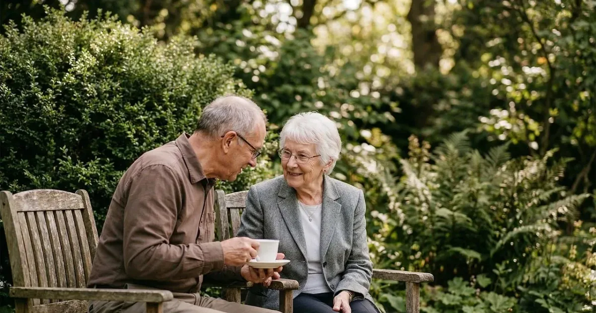 Older couple smiling together outdoors on a sunny day